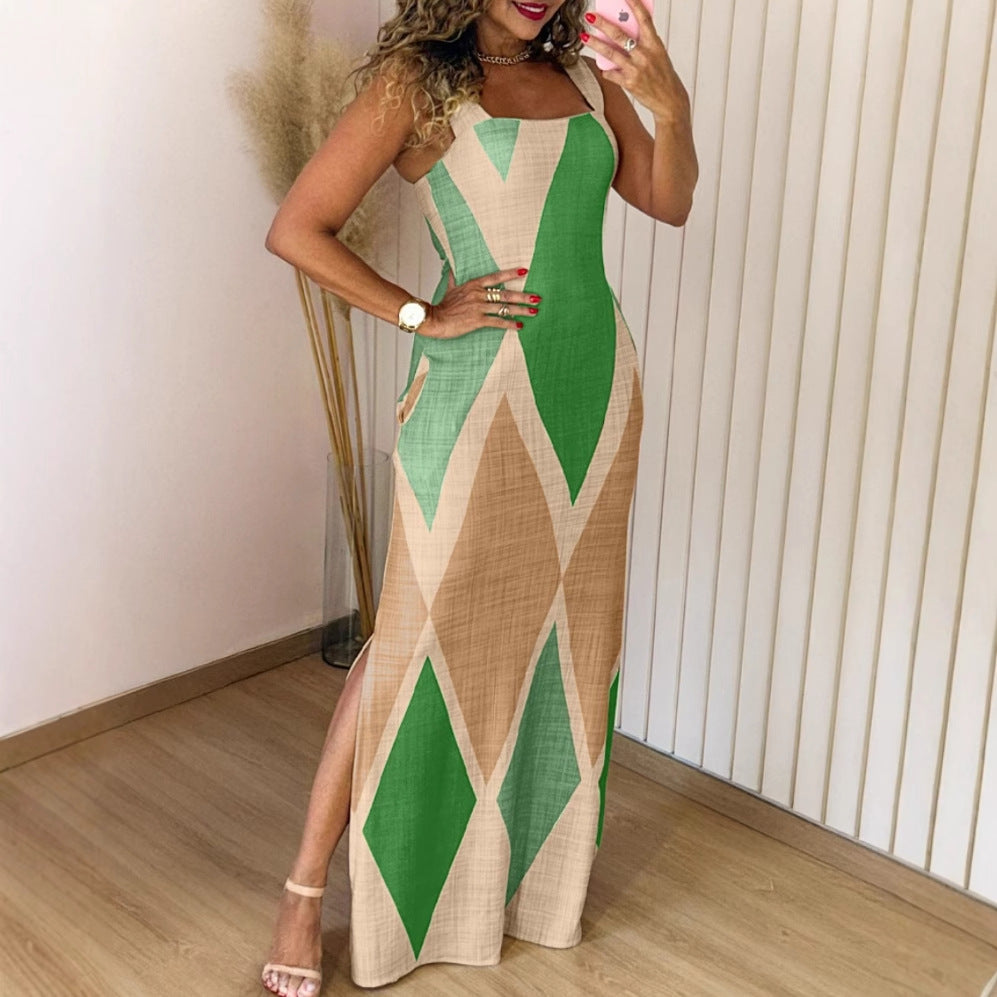 Ladies Maxi Dress with Modern Diamond Pattern and Side Slit Ivyshape