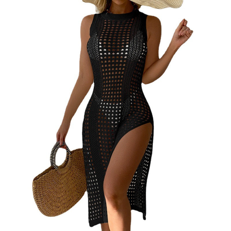 Women's airy crochet beach cover-up with high slit and modern mesh design Ivyshape