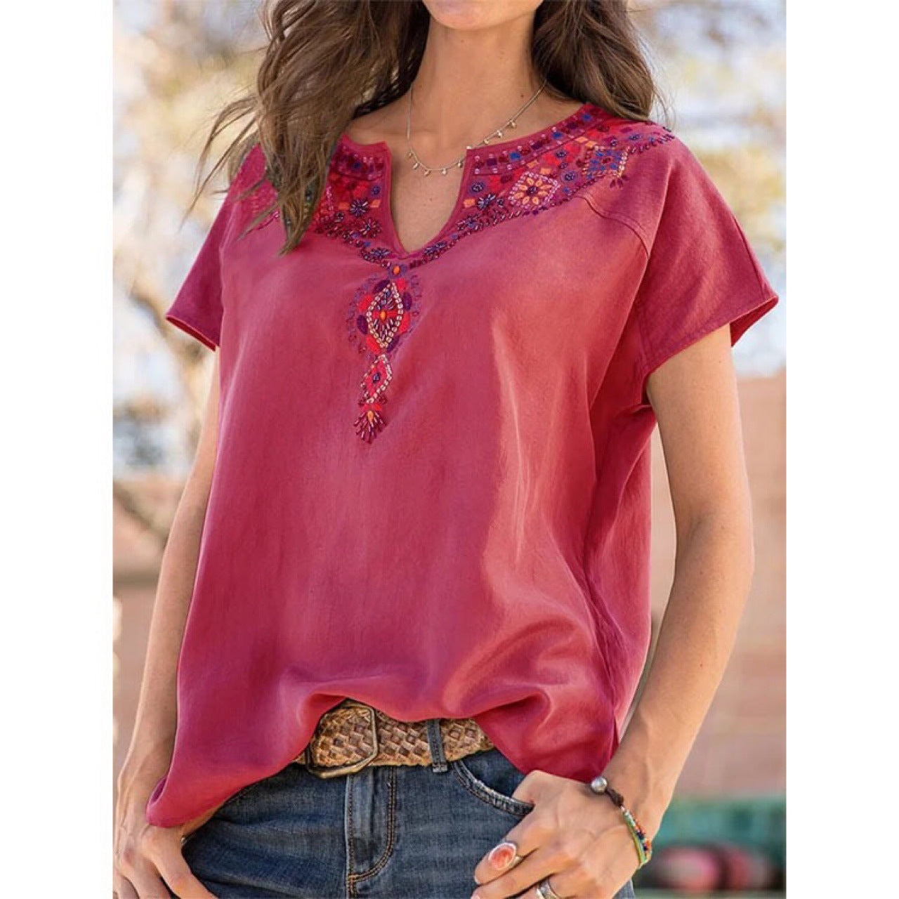 Women's Embroidered V-Neck Short Sleeve Blouse Ivyshape