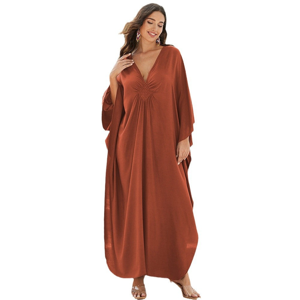 Women's bright summer maxidress with elegant V-neck and flowing silhouette Ivyshape