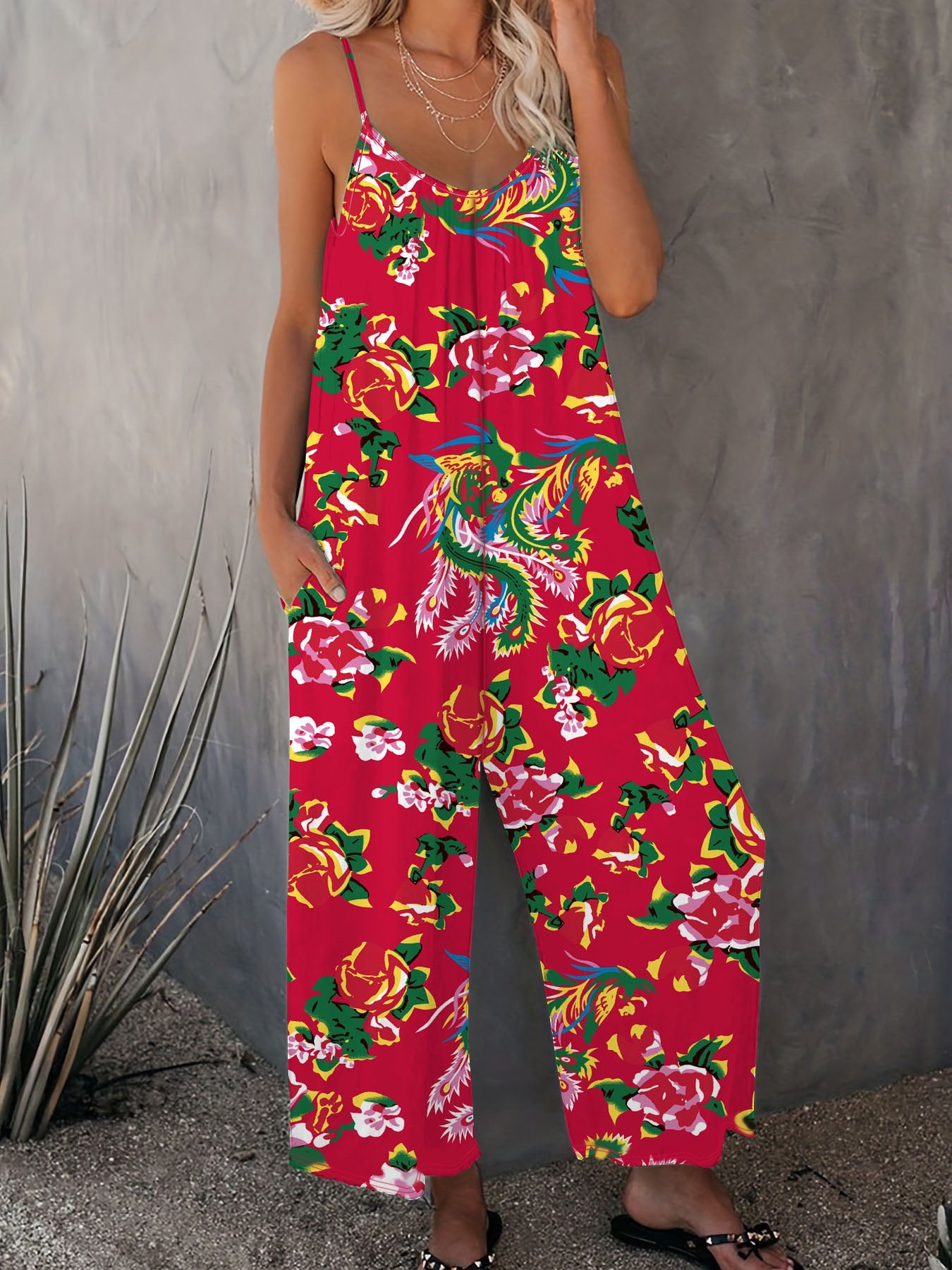 Ladies Floral Print Wide Leg Jumpsuit Ivyshape