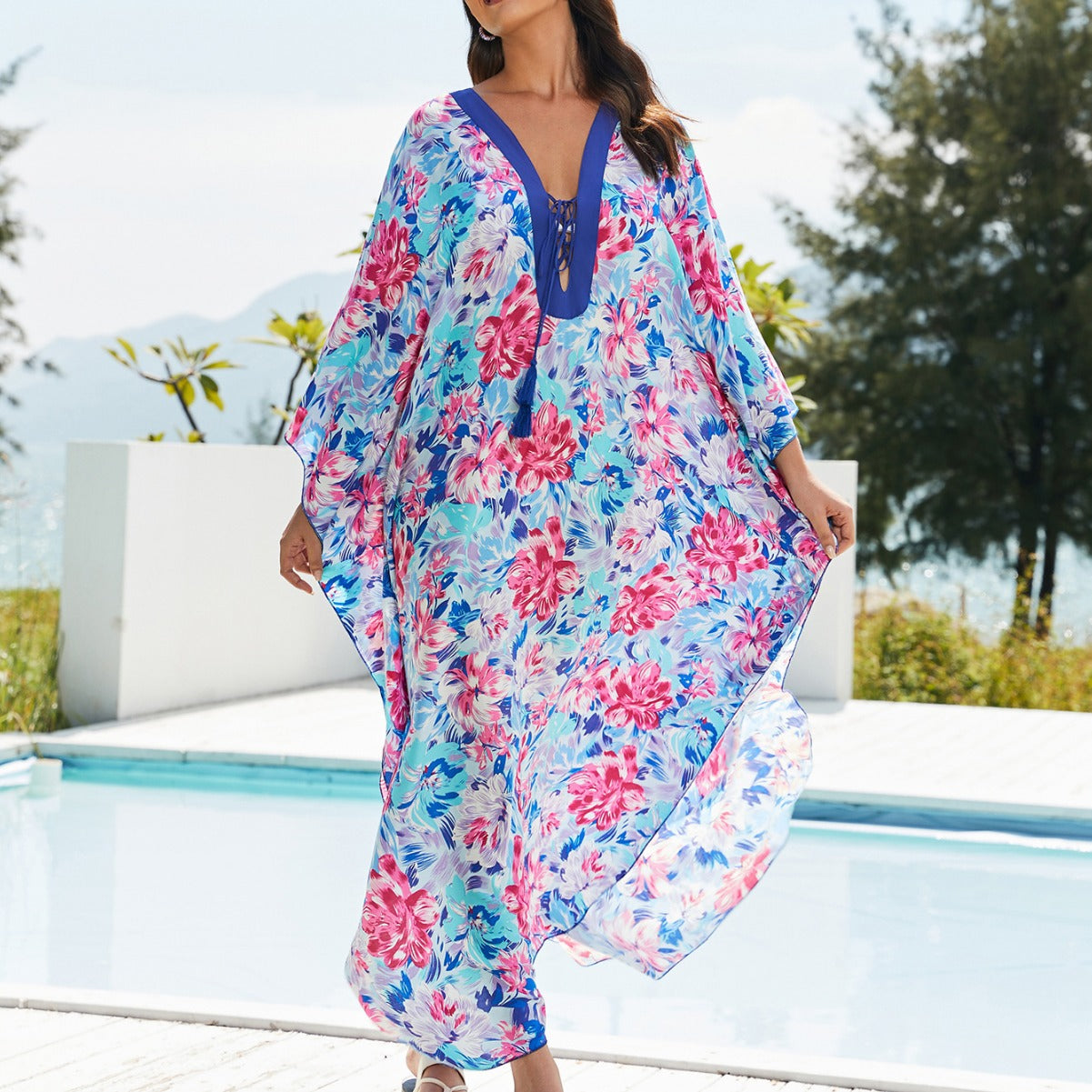 Women's beach kaftan with elegant floral design and wide silhouette Ivyshape