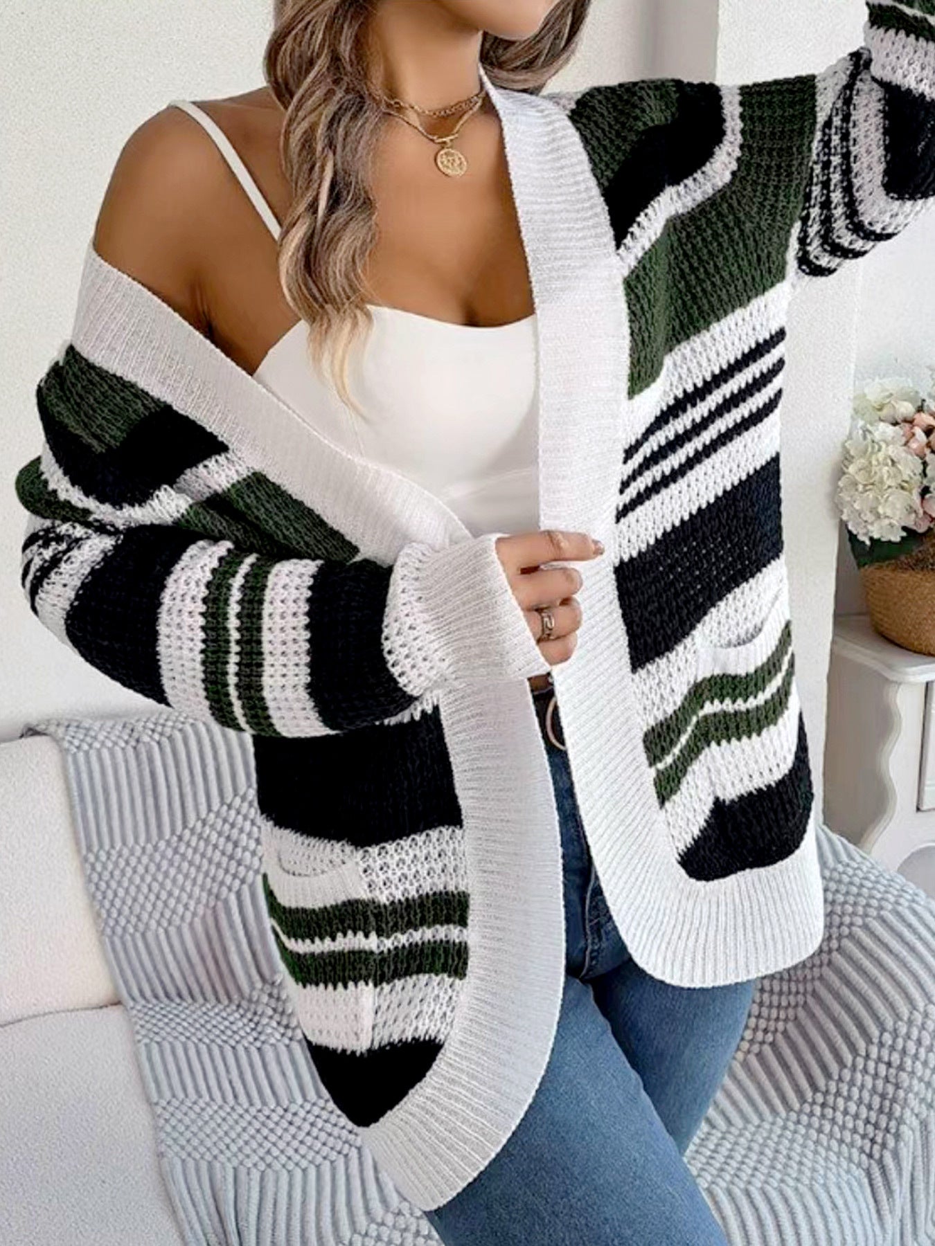 Women's casual knit cardigan with colorful striped pattern Ivyshape