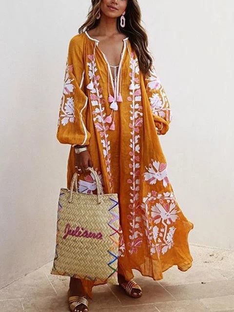 Ladies Long Kaftan with Floral Embroidery and Airy Sleeves Ivyshape