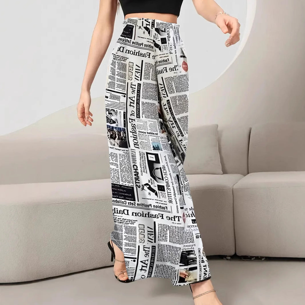 Ladies Wide-Leg Newspaper Print Pants Ivyshape