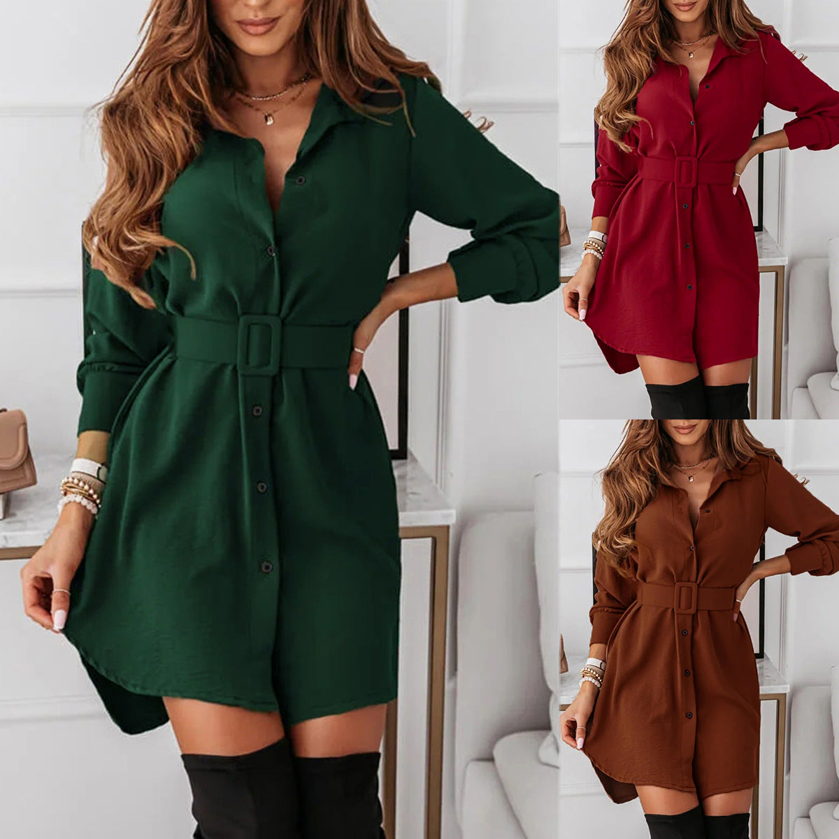 Women's shirt dress with fitted belt and elegant button details Ivyshape