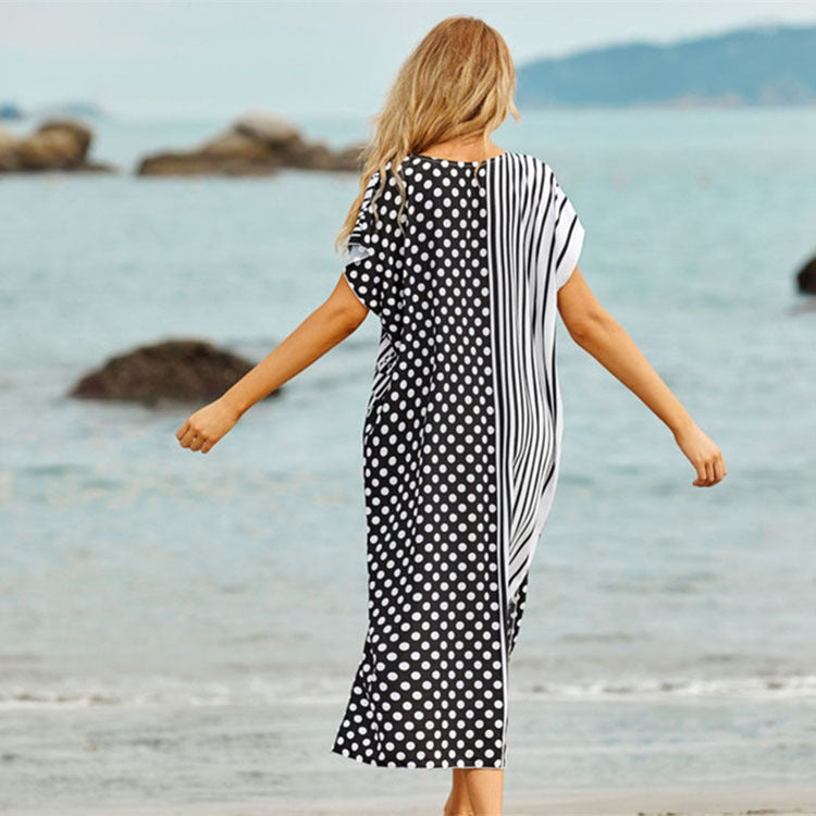 Women's beach dress in modern patchwork design with floral accent Ivyshape