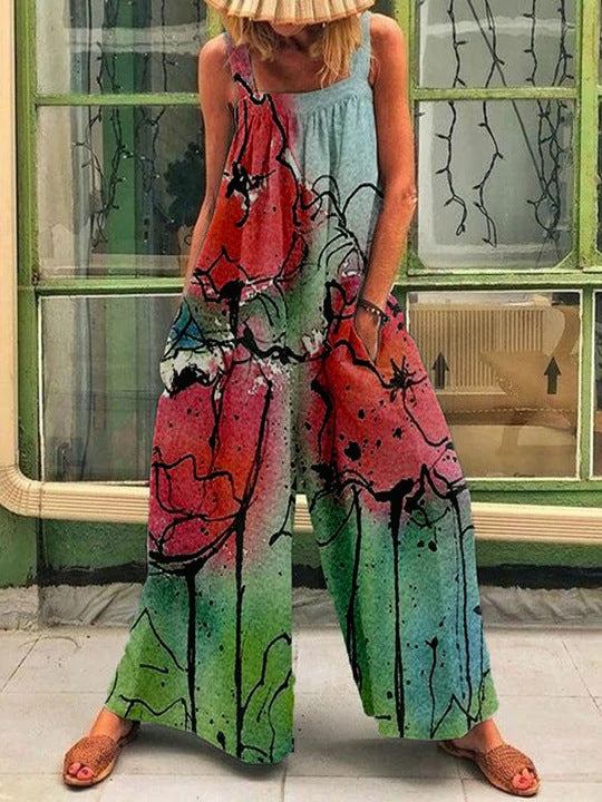 Ladies Art Print Wide-Leg Overall Ivyshape