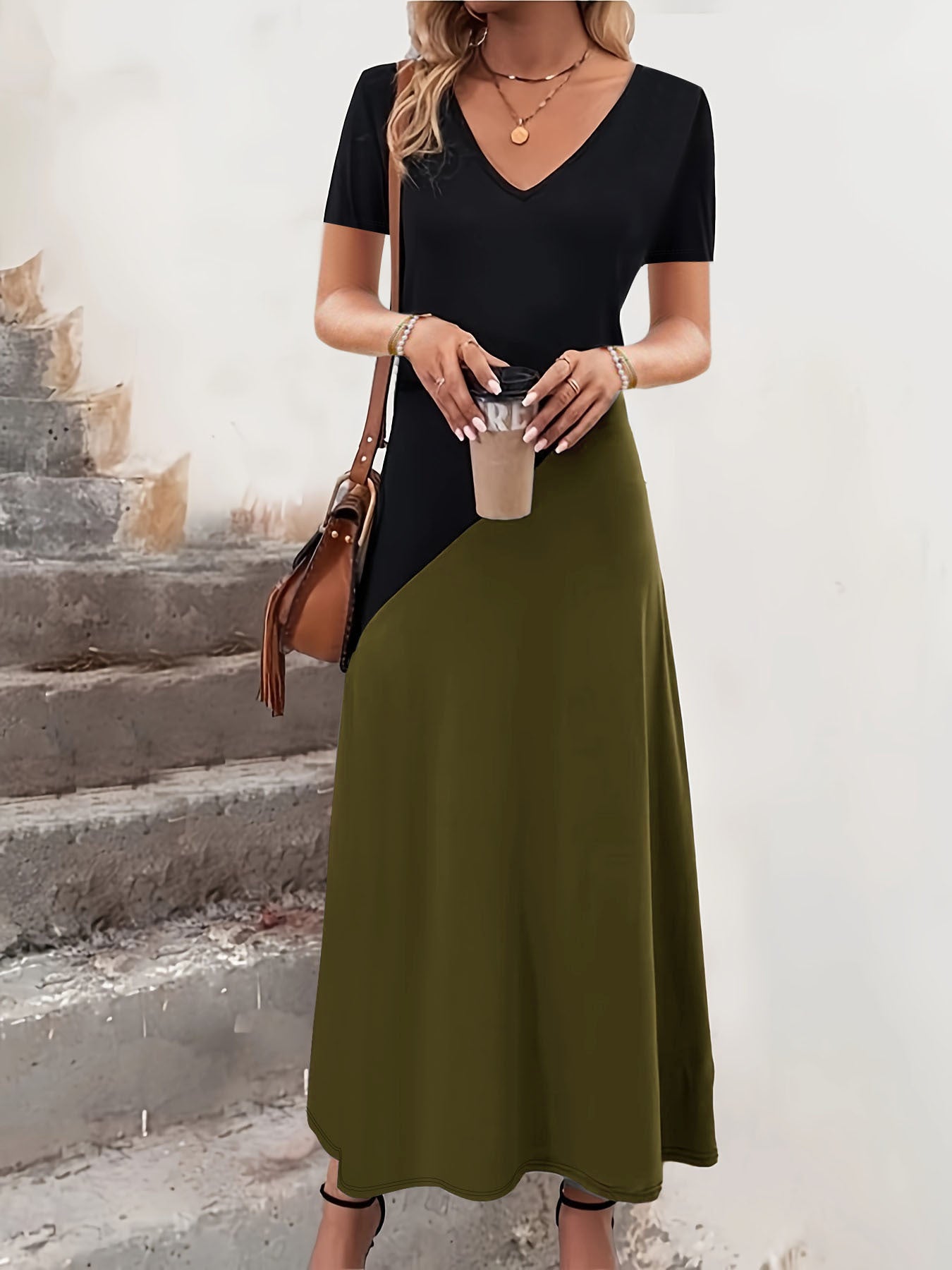Maxi dress with color block for women Ivyshape