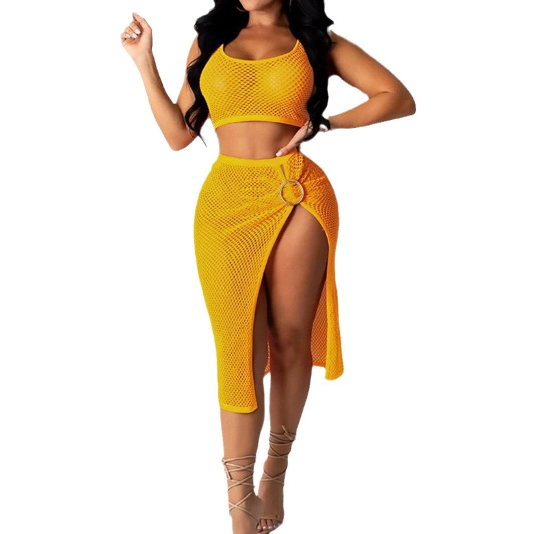 Ladies airy mesh fashion set with crop top and slit skirt Ivyshape