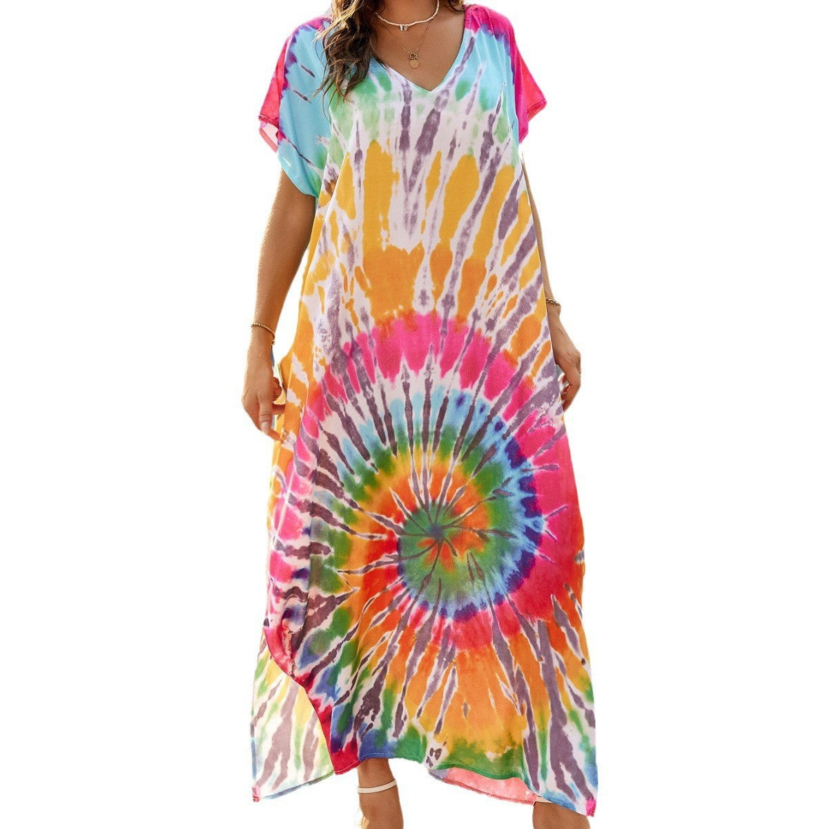 Women's maxi dress with colorful tie-dye pattern and side slit Ivyshape