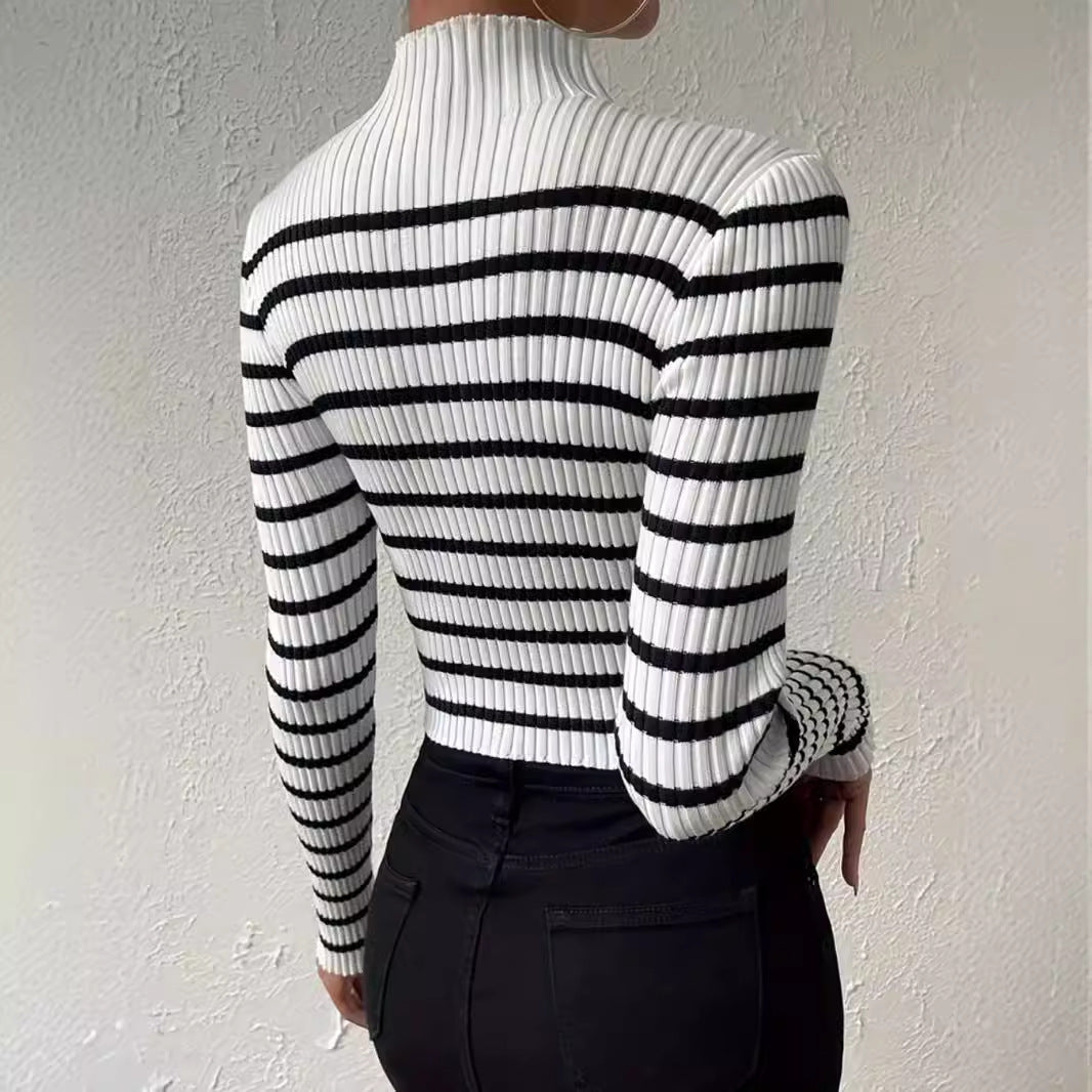 Women's Long Sleeve Ribbed Top with Striped Design Ivyshape