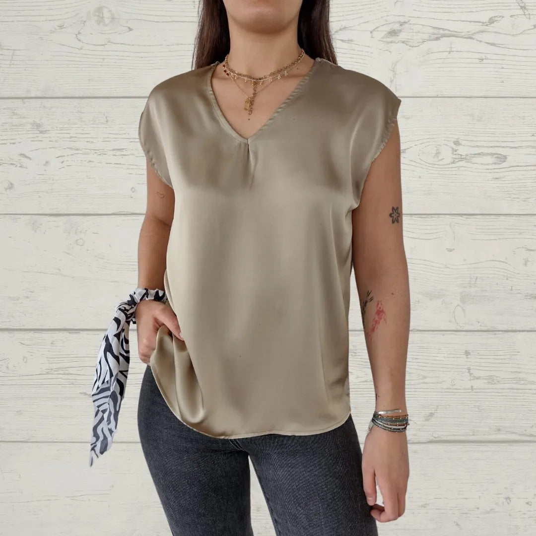 Women Satin V-Neck Relaxed Top Ivyshape