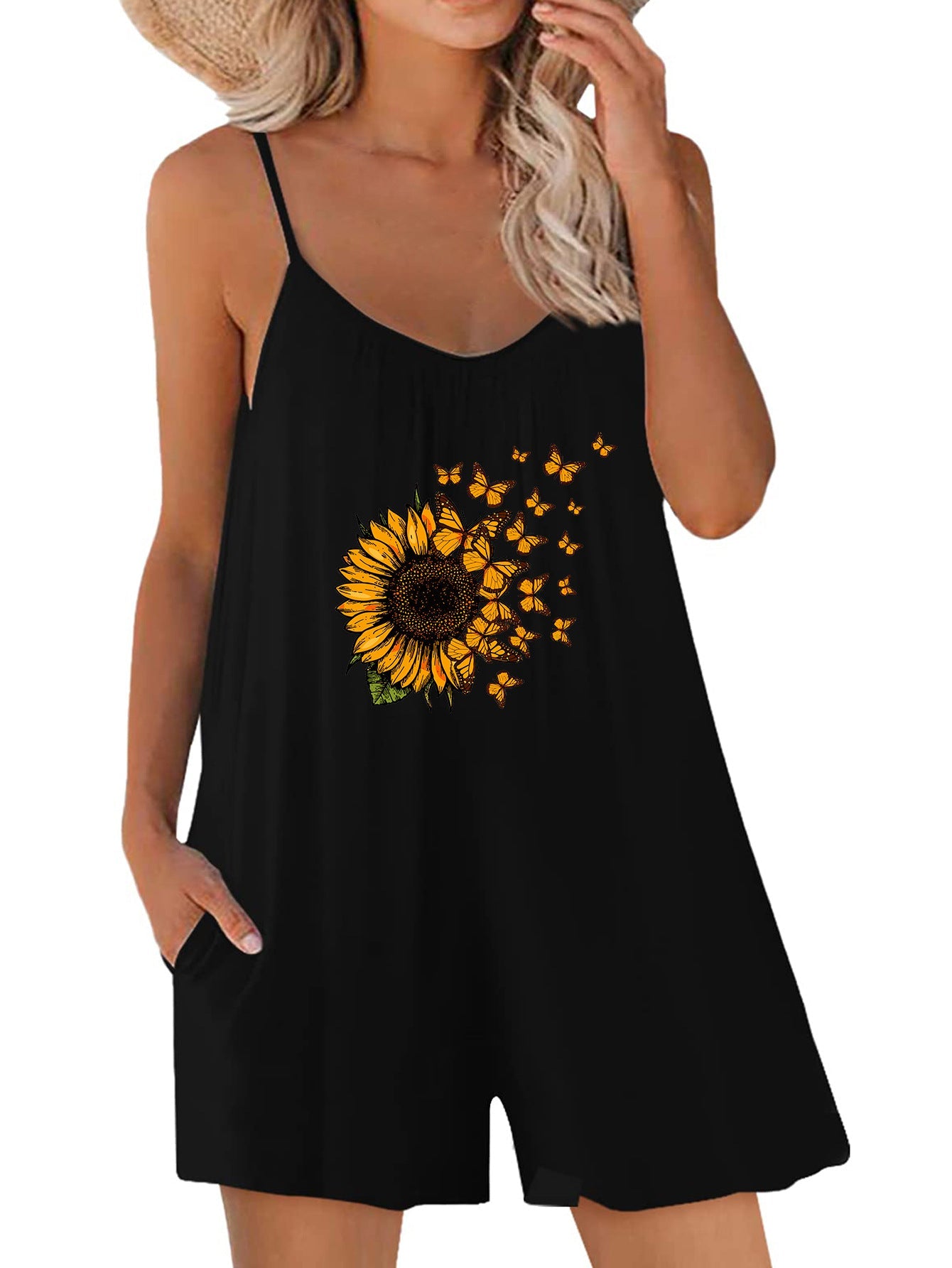 Ladies airy summer dress with sunflower pattern and side pockets Ivyshape