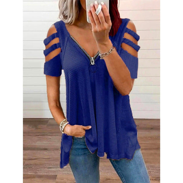 Women Cut-Out Shoulder Top with Zipper Detail Ivyshape