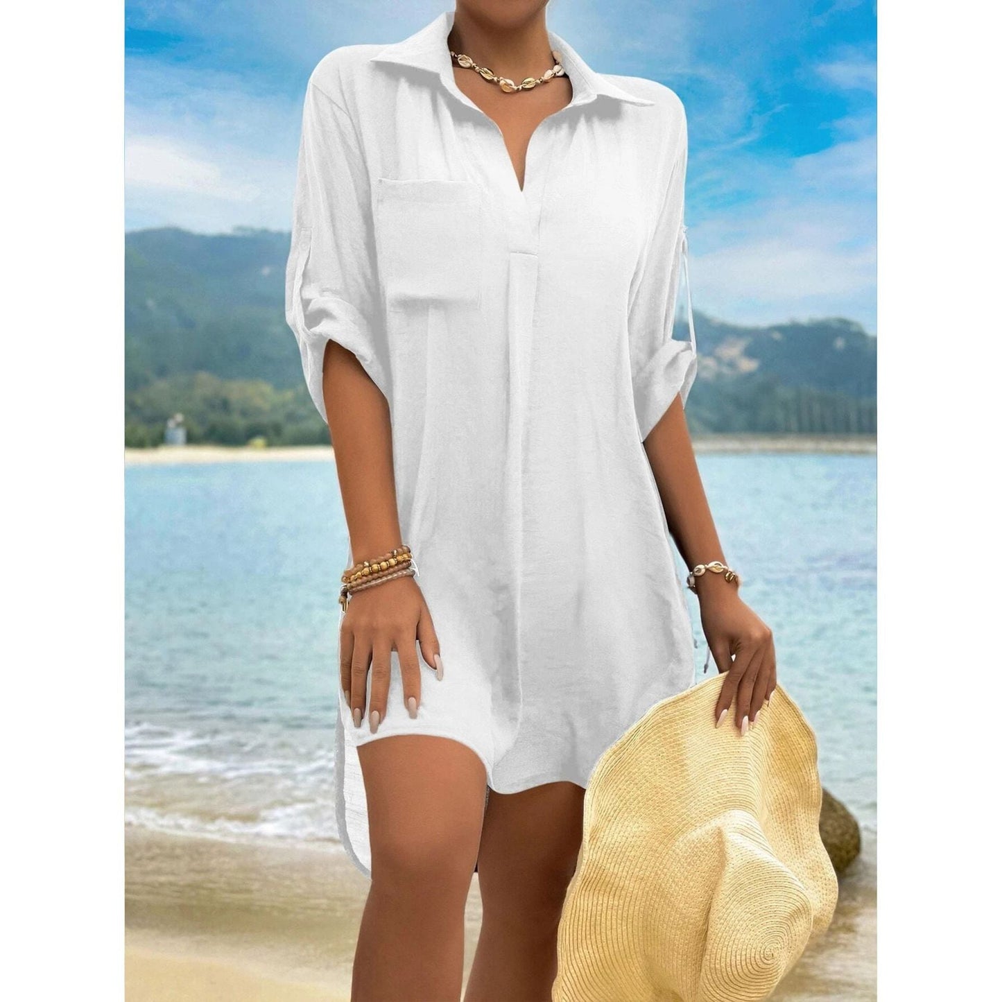 Women's long-sleeved blouse with modern shirt collar and chest pocket Ivyshape