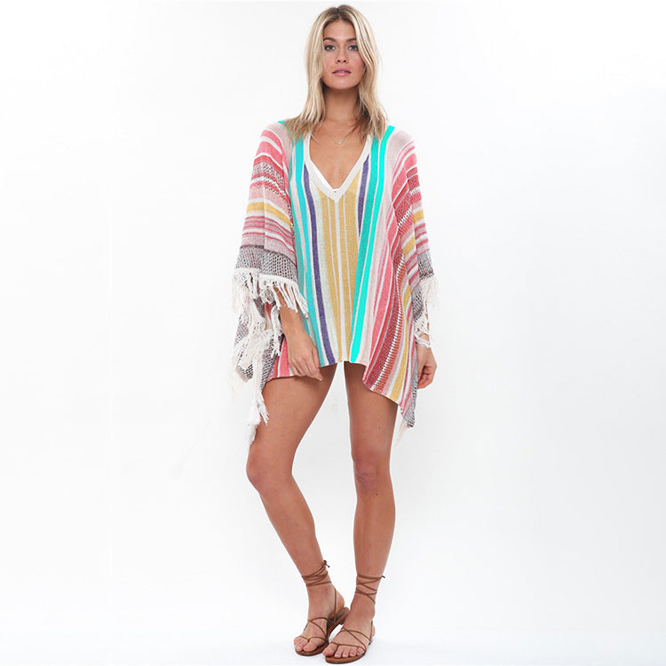 Women's Beach Poncho with Colorful Fringe Design Ivyshape
