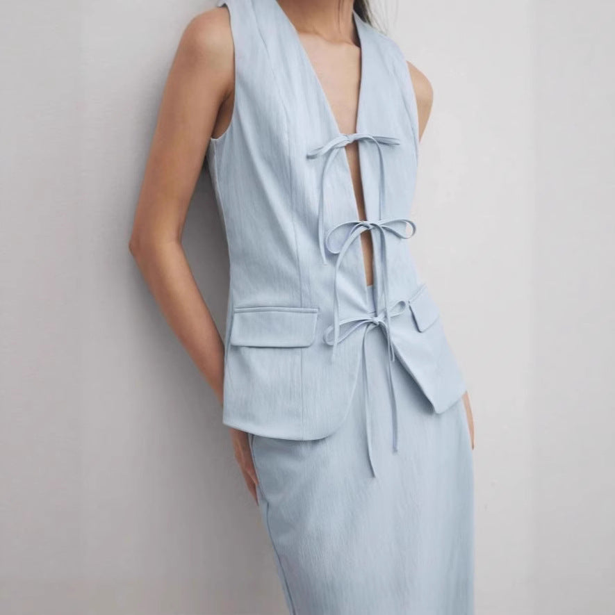 Ladies Elegant Maxi Dress with Chic Lacing and Lapel Ivyshape