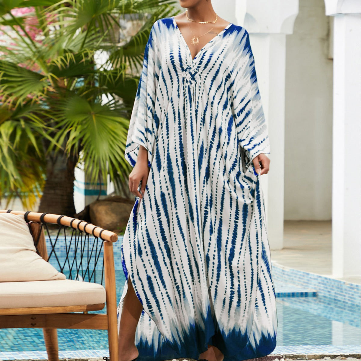 Ladies Maxi Beach Dress with Deep V-Neck and Playful Slit Ivyshape