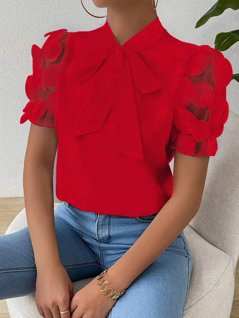 Women's blouse with transparent puff sleeves and chic bow Ivyshape