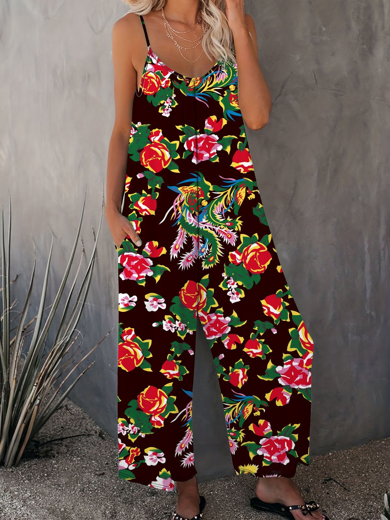 Ladies Floral Print Wide Leg Jumpsuit Ivyshape