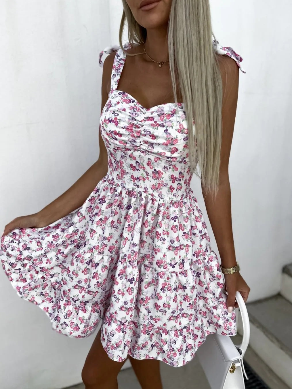 Women's Floral Pattern Mini Dress with Ruffle Details and Strapless Accents Ivyshape