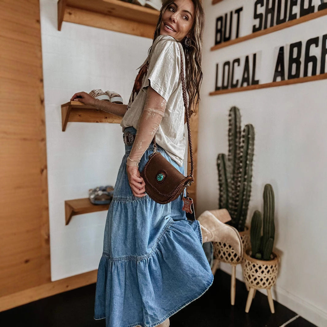 Isla - Gonna midi in denim con ruches