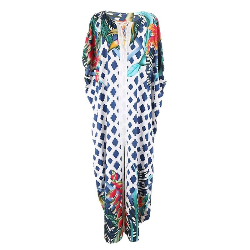 Ladies beach cover-up with tropical design and relaxed fit Ivyshape