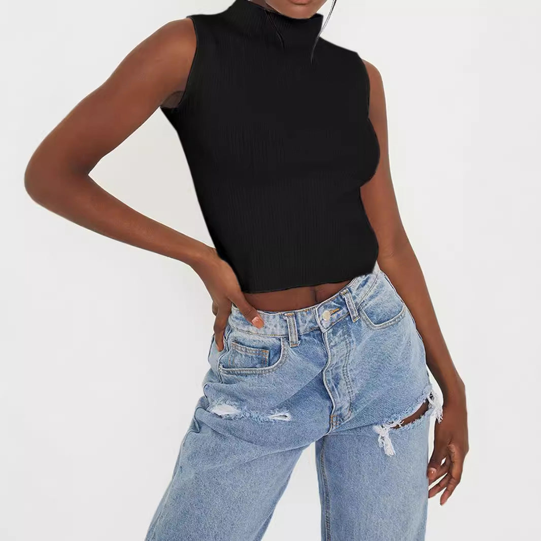 Women's stylish, sleeveless ribbed top with stand-up collar Ivyshape