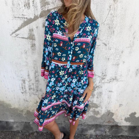 Ladies Floral Print Button Closure Mini Dress Ivyshape