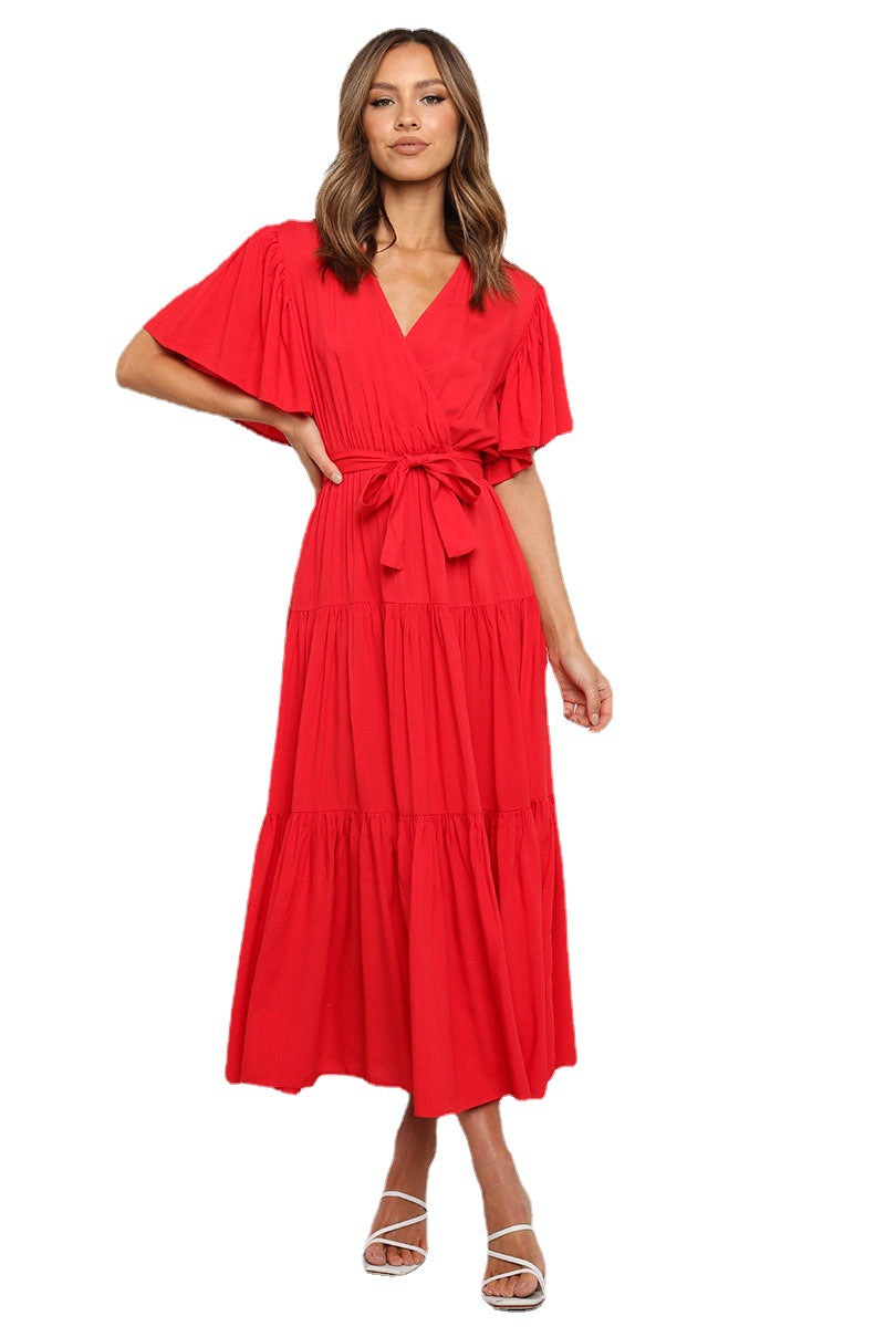 Women's Wrap Maxi Dress with Voluminous Sleeves and Ruffle Details Ivyshape