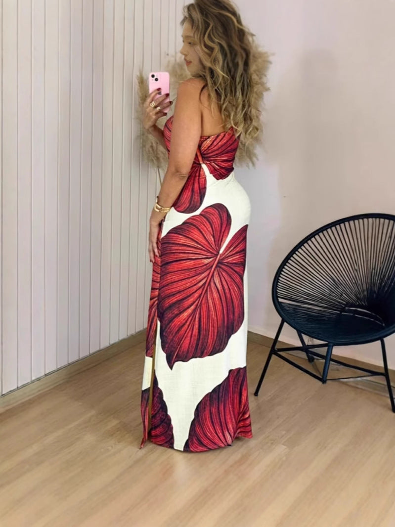 Ladies max dress with exciting leaf pattern and side slit Ivyshape