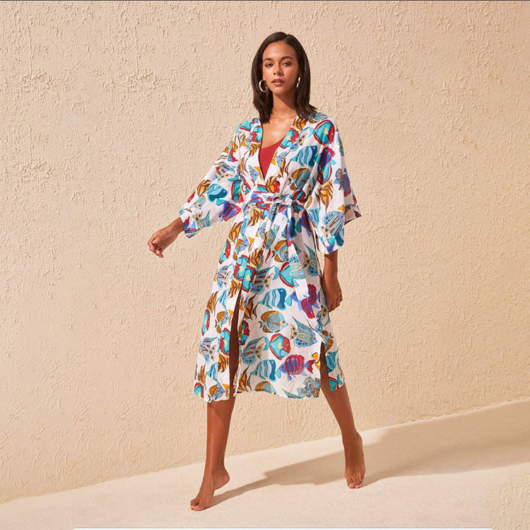 Women's beach robe with colorful fish cut Ivyshape