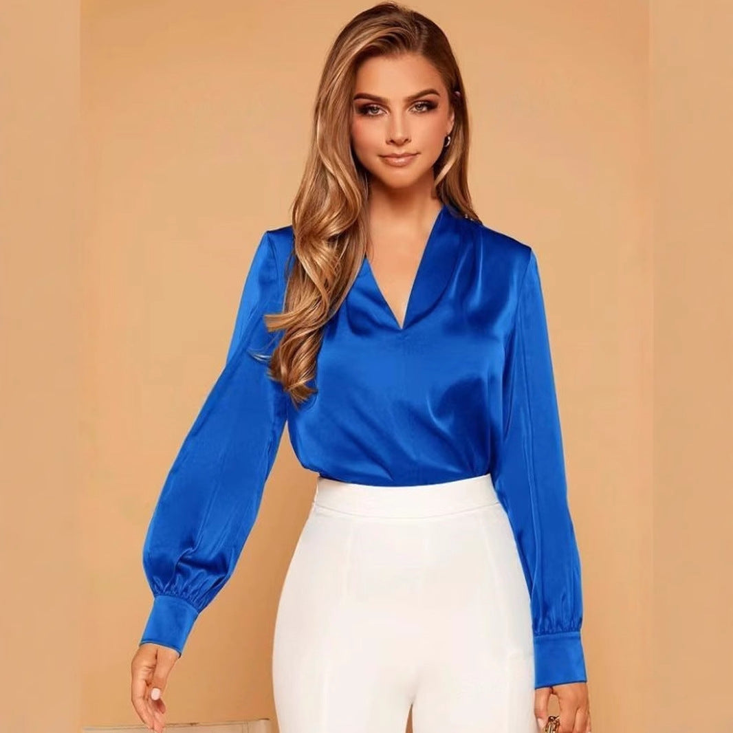 Women's Satin Blouse with V-Neck and Elegant Puff Sleeves Ivyshape