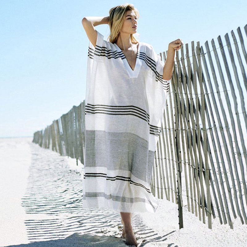 Women elegant beach kimono with stripe pattern and deep V-neck Ivyshape