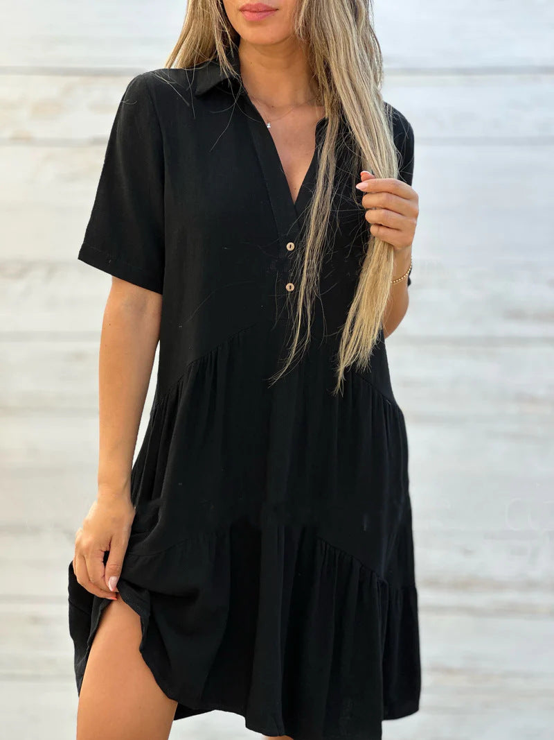 Women Short Sleeve Button-Up Swing Dress Ivyshape