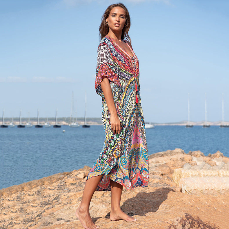 Women's beach tunic with colorful mandala pattern and airy sleeves Ivyshape
