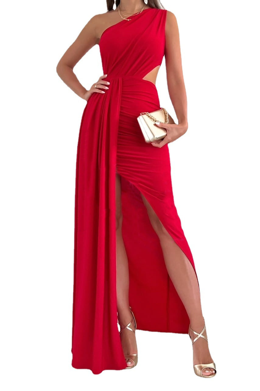 Women's Elegant One-Shoulder Maxi Dress with Draped Top and Side Slit Ivyshape