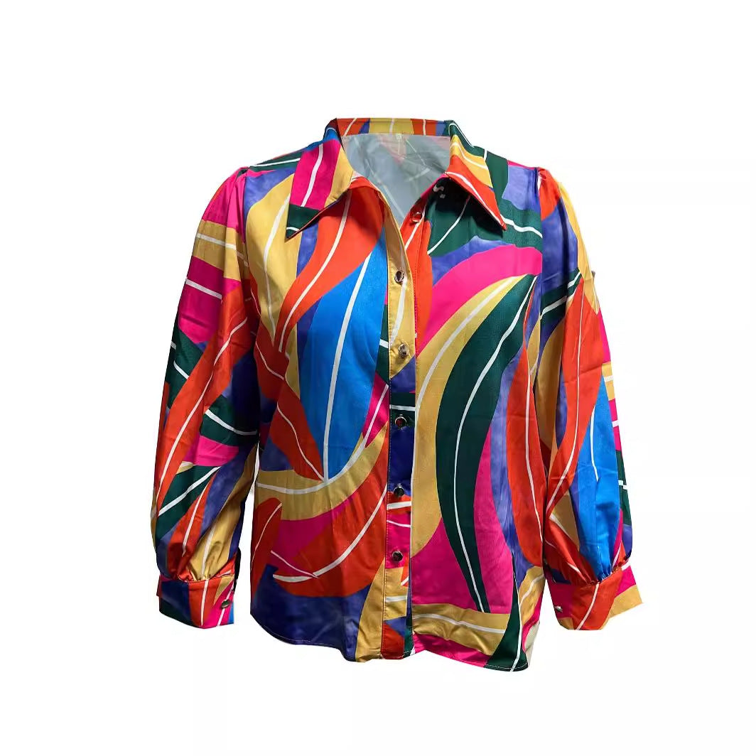 Ladies' Fashion Blouse with Colorful Stripe Pattern and Elegant Puff Sleeves Ivyshape