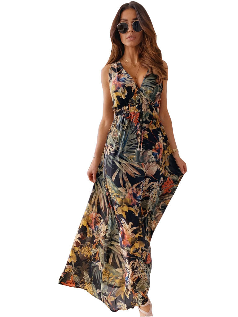 Ladies maxi dress with deep V-neck and sophisticated tie belt Ivyshape