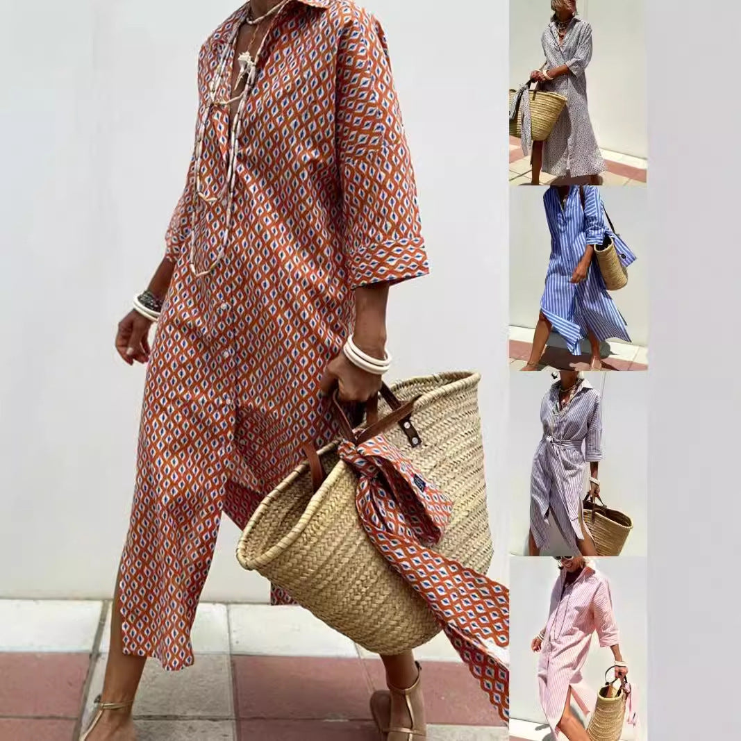 Women's shirt dress with waist belt and trendy stripe pattern Ivyshape