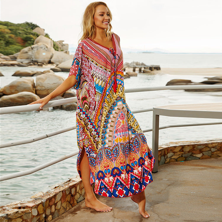 Women’s beach kaftan with colorful mandala design and loose fit Ivyshape