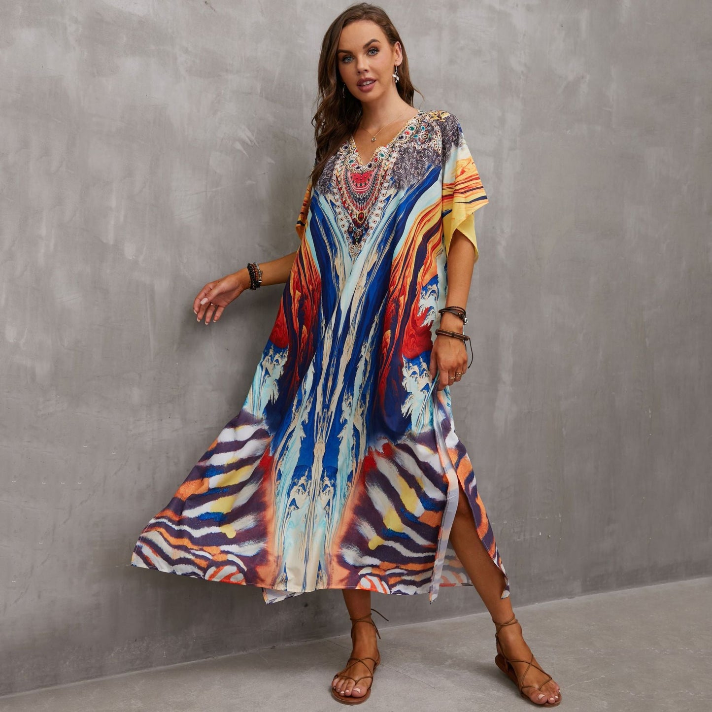Ladies kaftan dress with majestic animal motif and side slits Ivyshape
