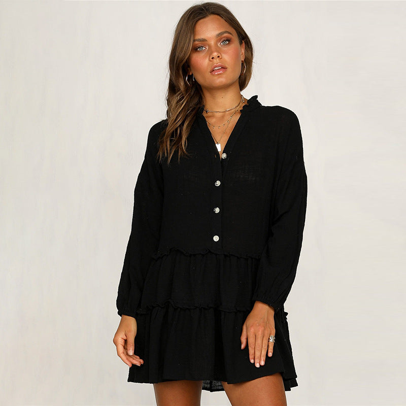 Women's Airy Short Dress with Button Detail and Ruffle Hem Ivyshape