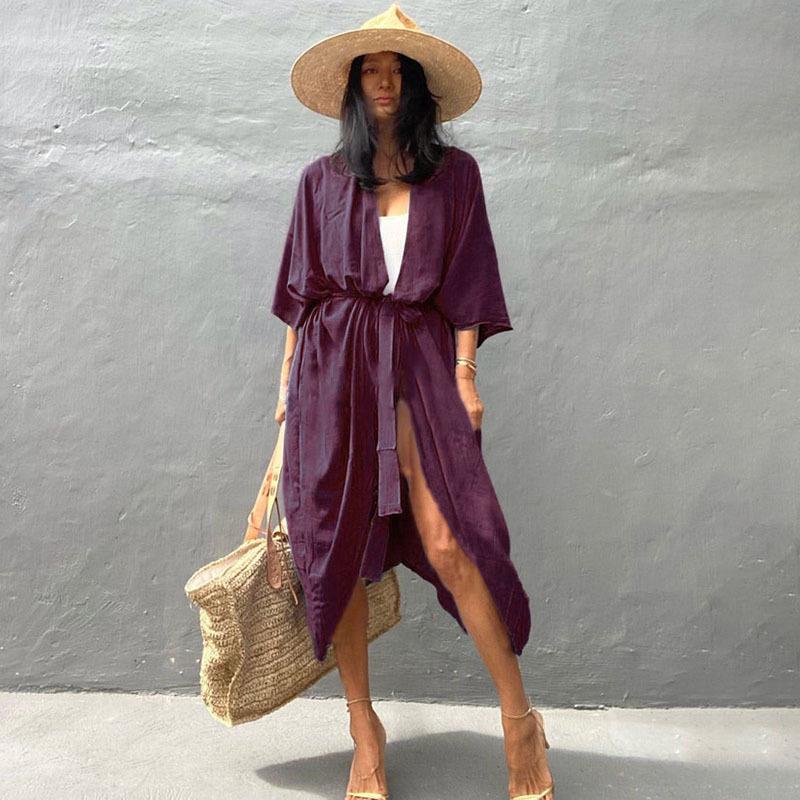 Ladies' beach robe with elegant tie belt and side slits Ivyshape