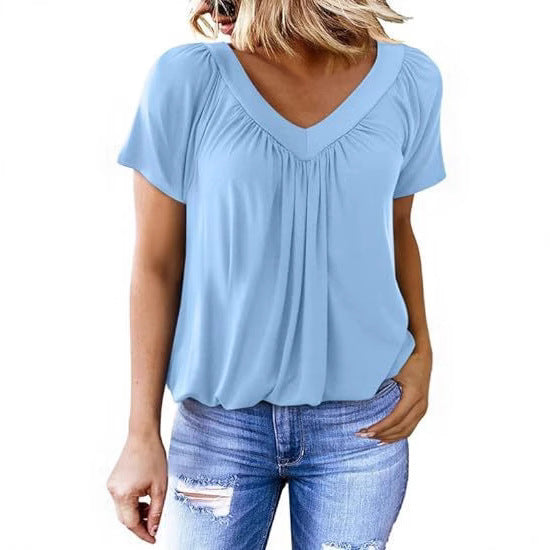 Women Pleated V-Neck Casual Top Ivyshape