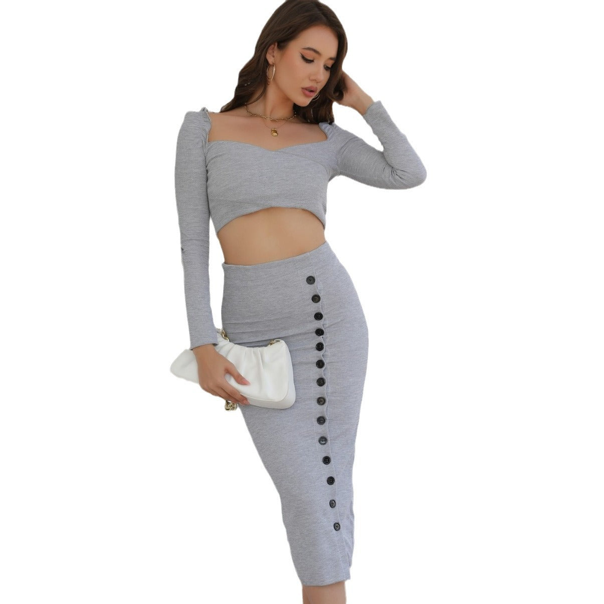 Women Crop Top with Button Detail and Midi Skirt Set Ivyshape