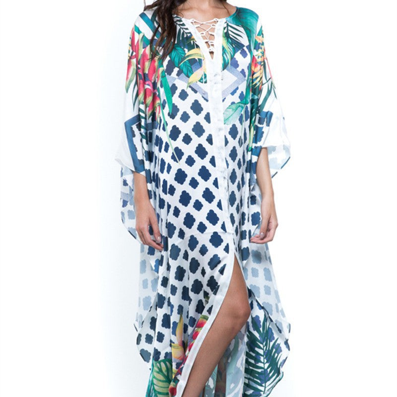 Ladies beach cover-up with tropical design and relaxed fit Ivyshape