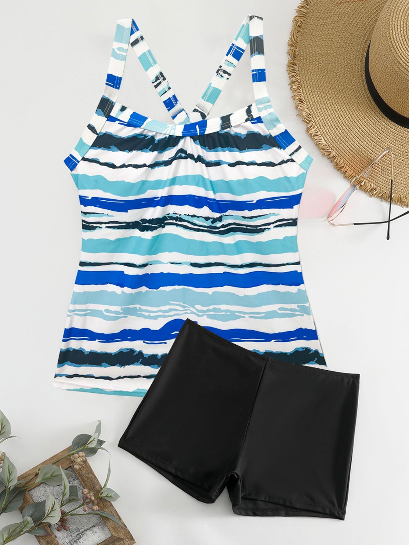 Ladies sporty tankini set with striped top and short-like bottom Ivyshape