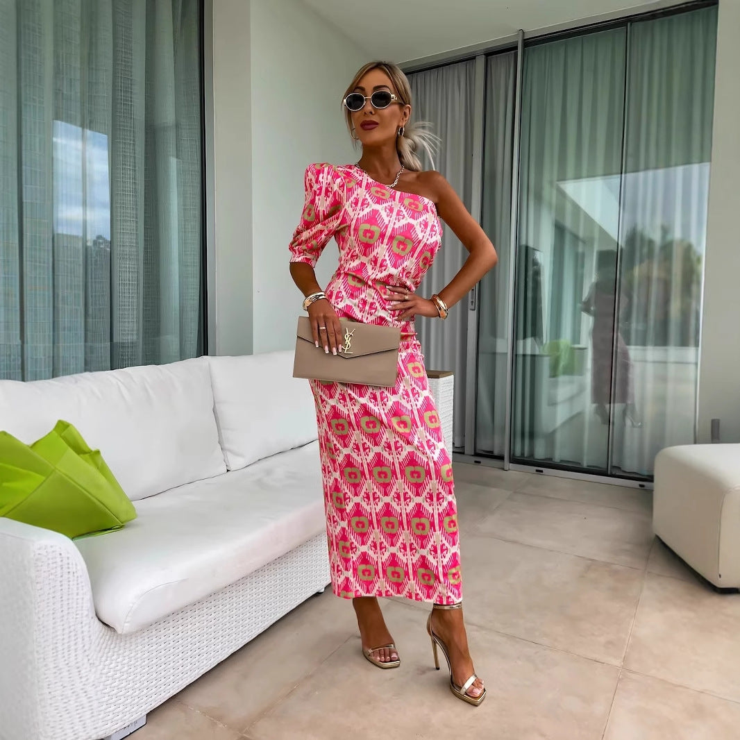 Women Elegant One-Shoulder Maxi Dress with Puff Sleeves and Striking Pattern Ivyshape